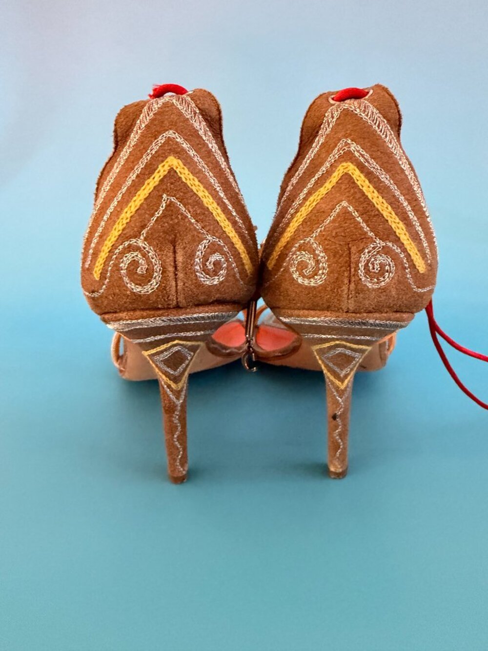 Christian Dior Galliano Embroidered Suede Ankle Tie Heels Orange Footbed 38 Full - Picture 5 of 9